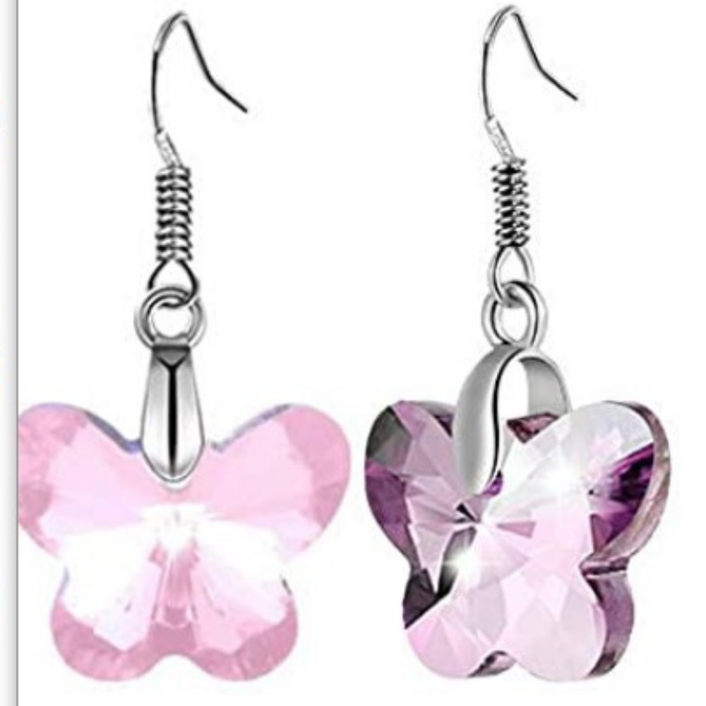 Pink Butterfly Earrings Dangle Crystal Cut Earrings Butterflies Silver Sparkle - Picture 1 of 7